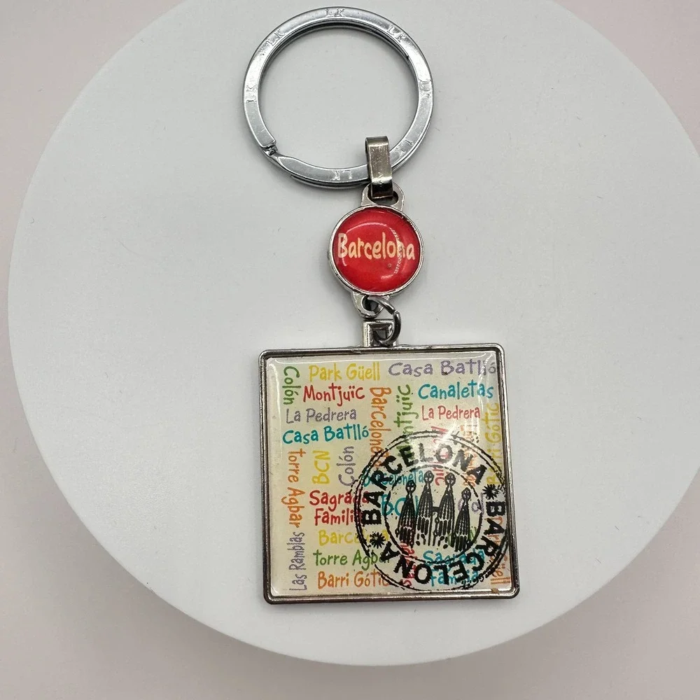 Vintage 70s LK Barcelona Spain Souvenir Silver Tone Square Charm‎ Keychain Retro